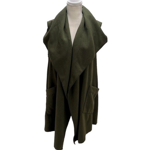 Le Moda Open Front Fleece Vest Cardigan Long Line Olive Green Pockets Lagenlook - Picture 1 of 9